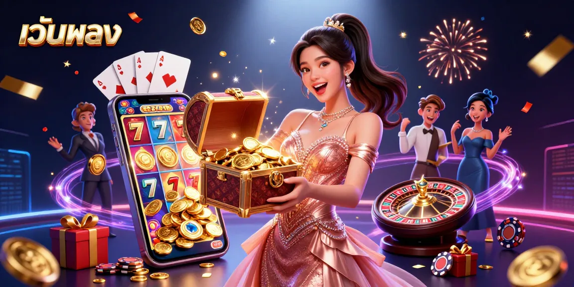Engage with เว็บตรง gaming excitement as a joyful woman presents treasures surrounded by dynamic slot elements.