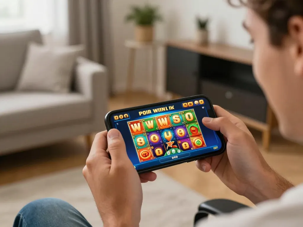 Pemain Kikitoto merayakan kemenangan besar di aplikasi kasino mobile dengan antarmuka permainan yang cerah dan ekspresi penuh kegembiraan