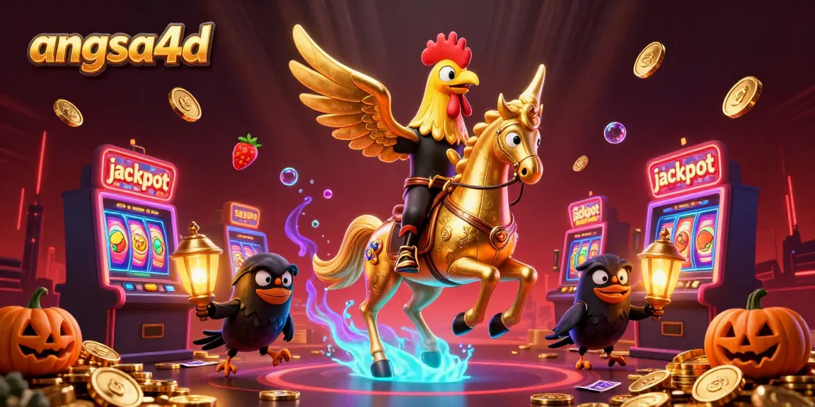 Join the winning fun at angsa4d with a dynamic casino scene featuring a golden rooster and vibrant slot elements.