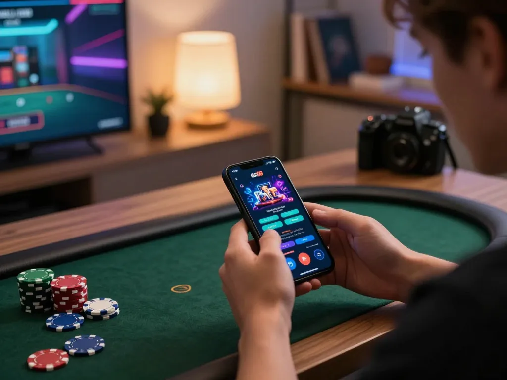 Experience the excitement of Go88 casino gaming with a sleek smartphone setup in a cozy home.