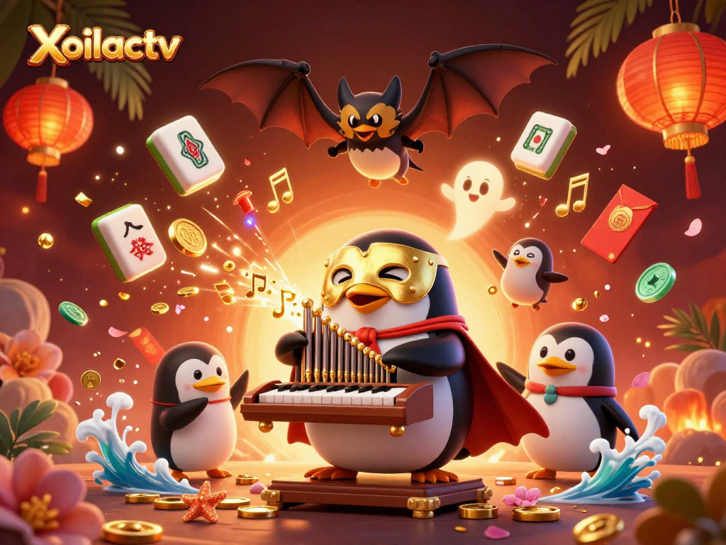 Xoilactv elevates your gaming experience with a vibrant casino scene of singing penguins and golden coins.