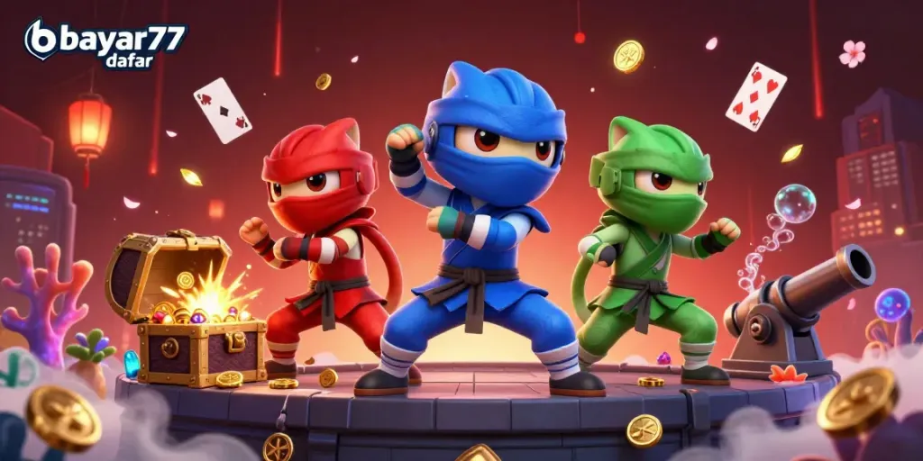 Experience thrilling action with bayar77 daftar, featuring ninja chameleons and explosive treasures in a high-energy casino scene.