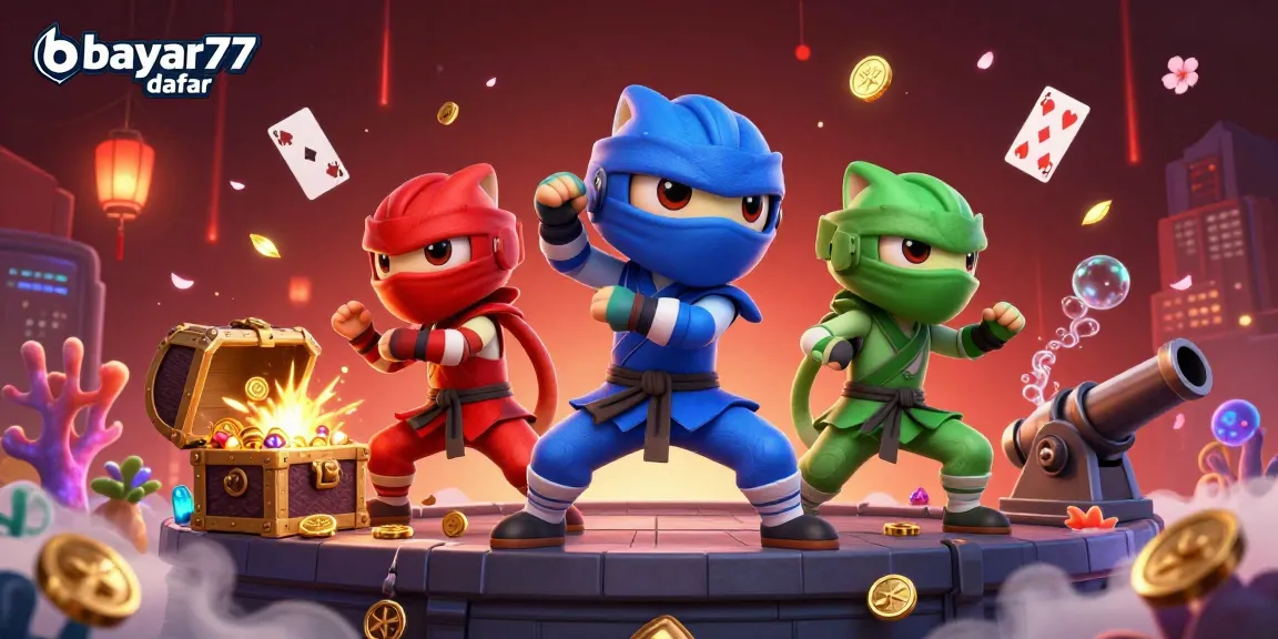 Experience thrilling action with bayar77 daftar, featuring ninja chameleons and explosive treasures in a high-energy casino scene.