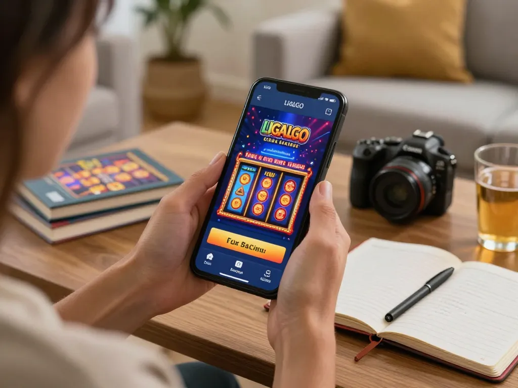 LIGALGO app interface displayed on a mobile device, showcasing engaging online casino gameplay in a cozy home setting.