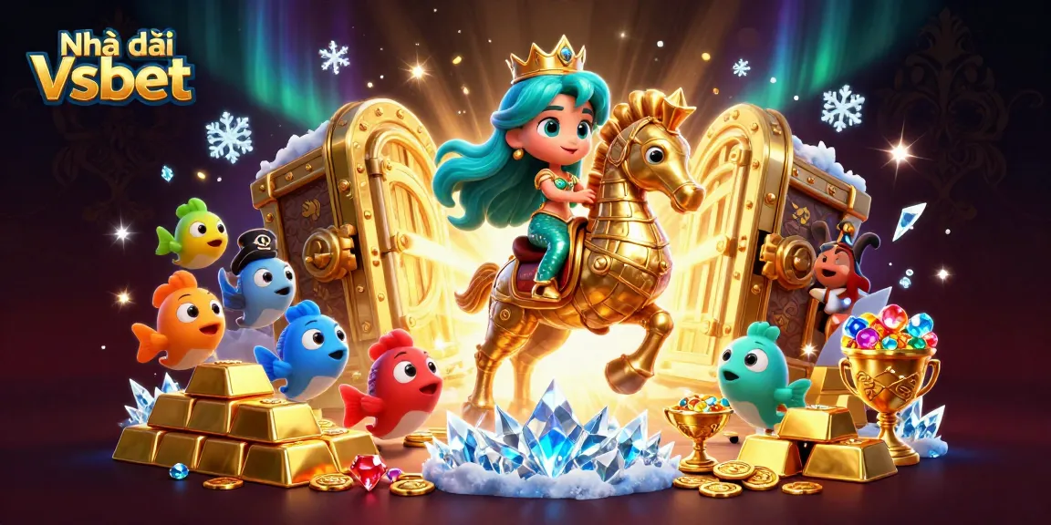 Engage with thrilling action at Nhà cái Vsbet, featuring a vibrant underwater scene with a mermaid, treasures, and gaming excitement.