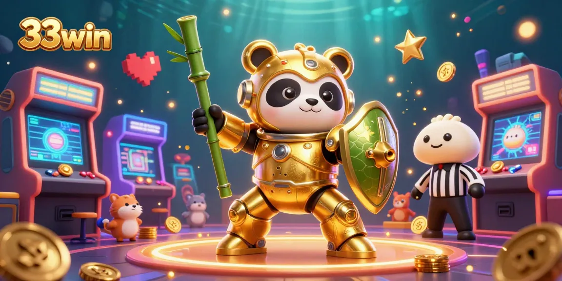 33win's vibrant 3D casino illustration showcases a golden panda in a mech suit amidst exciting gaming elements.