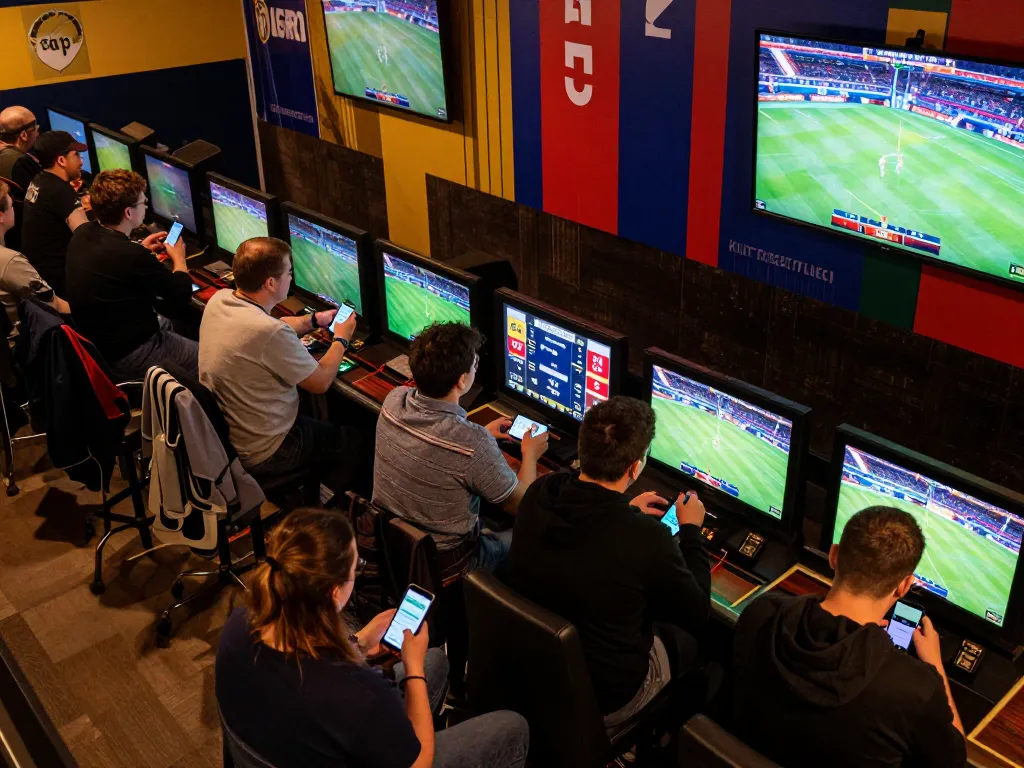 Engaged bettors in a lively sports betting setting at LC88, analyzing odds and watching live games