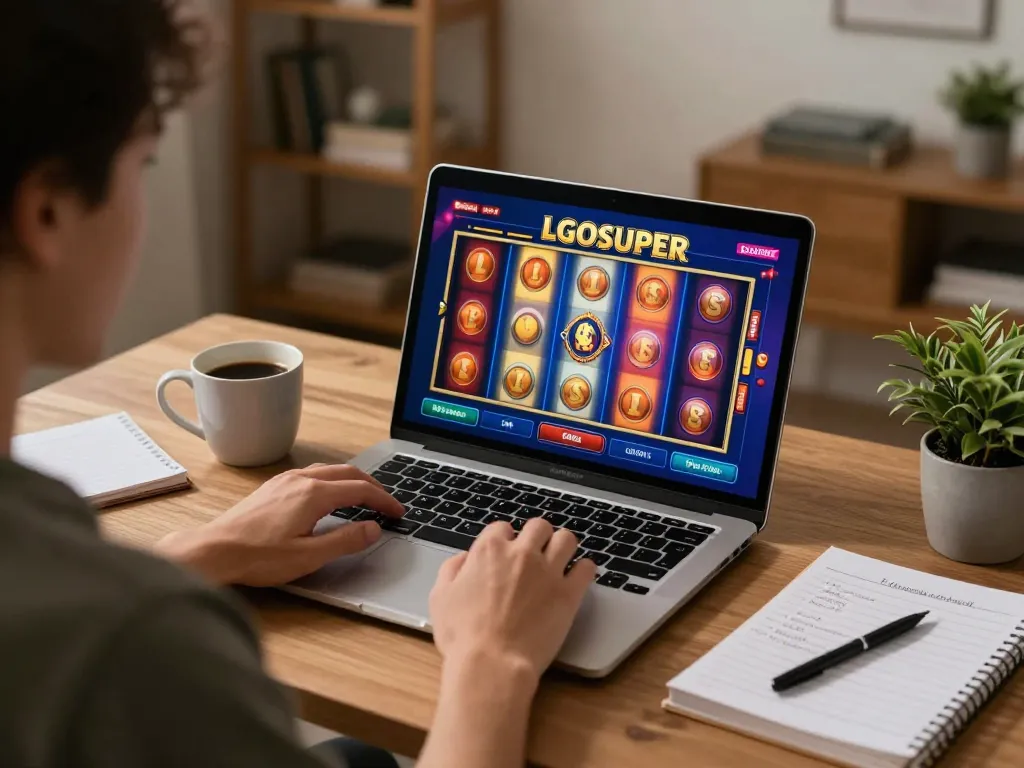 Player engaging with LGOSUPER slot game interface on a laptop during a cozy home gaming session