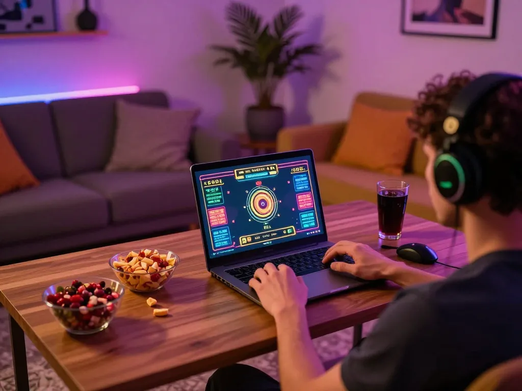 Enjoying king33 online gaming session at home with vibrant screen and cozy atmosphere.
