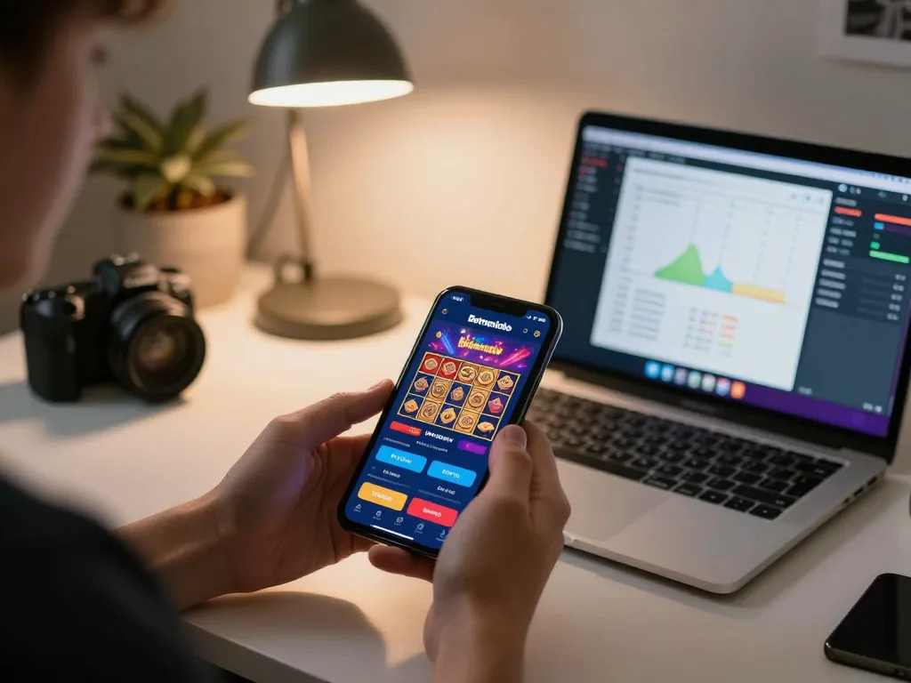 Engaging in Betmentoto mobile gambling on a smartphone, showcasing festive gaming app features in a stylish workspace