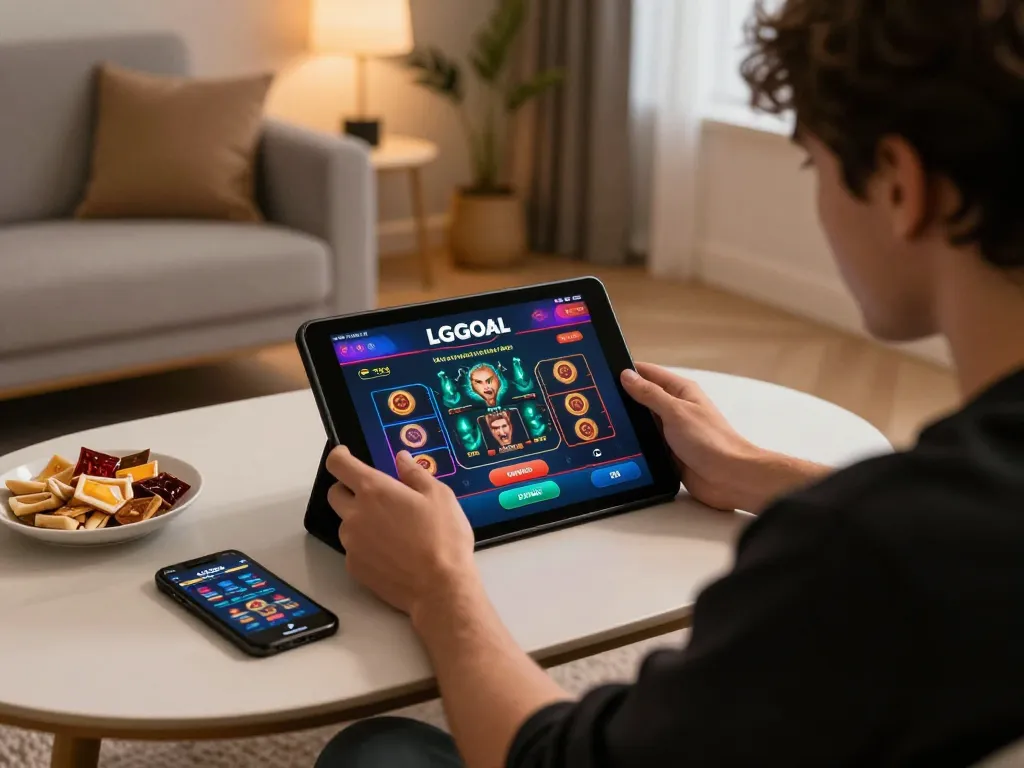 Engaging home player accessing LGOGOAL online portal for live casino games on tablet.