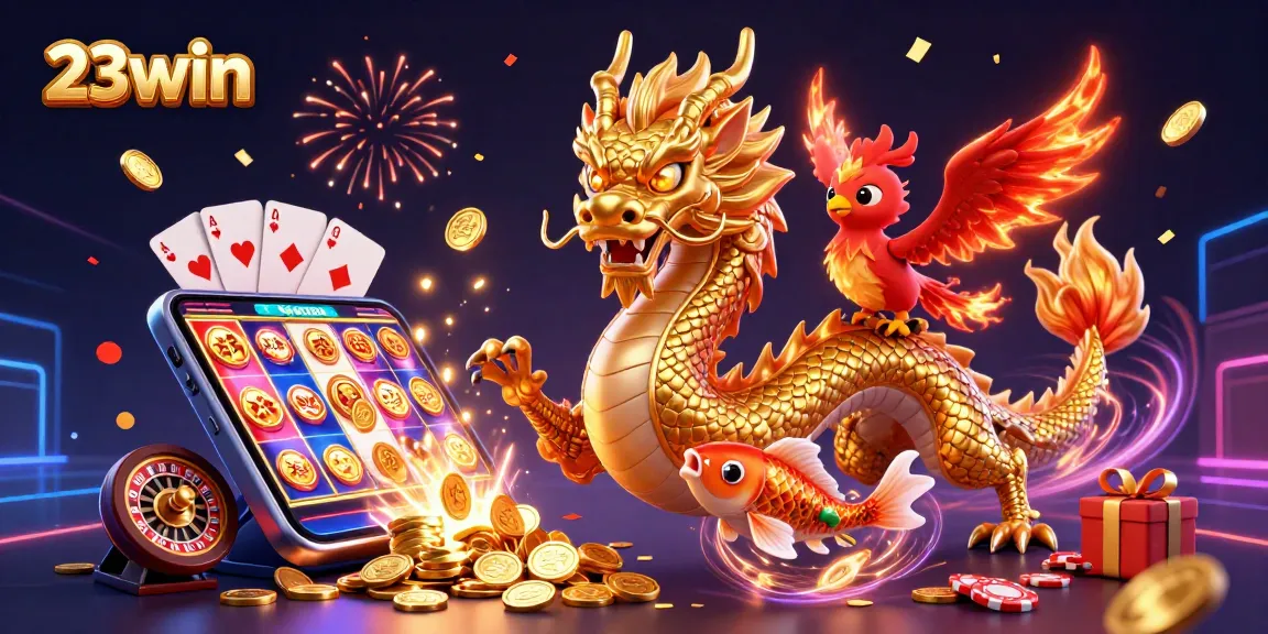 Experience intense gaming excitement with 23win's golden dragon and vibrant casino elements.