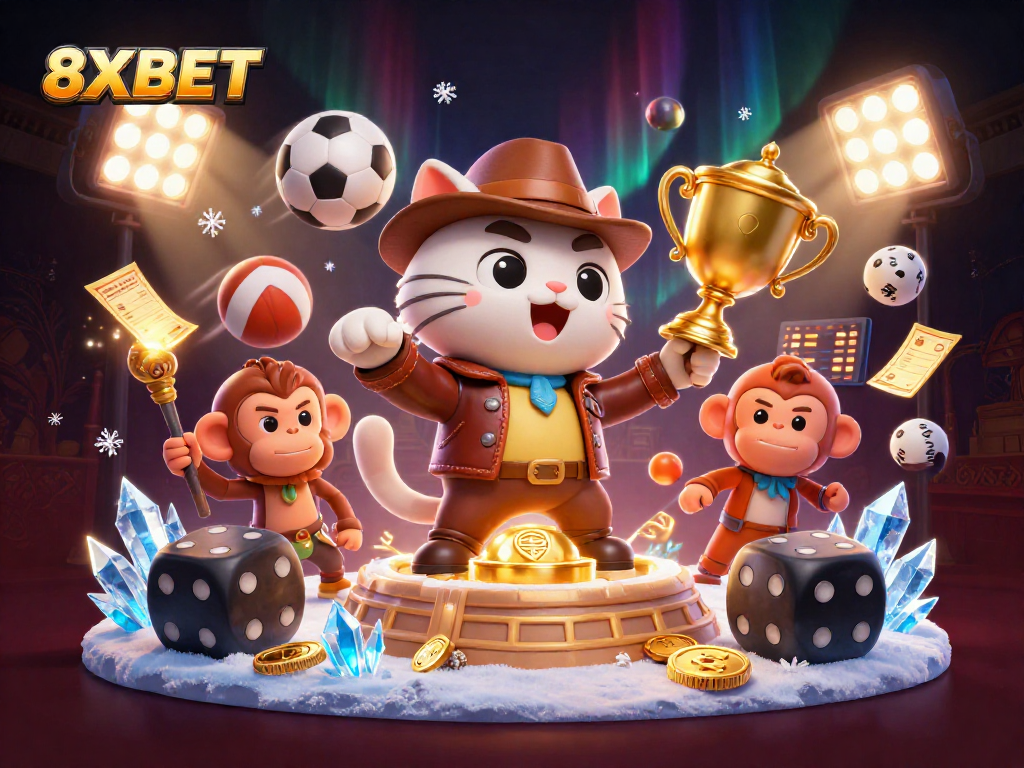 Experience 8XBET's exhilarating casino atmosphere with a dynamic 3D illustration capturing gaming action and excitement.