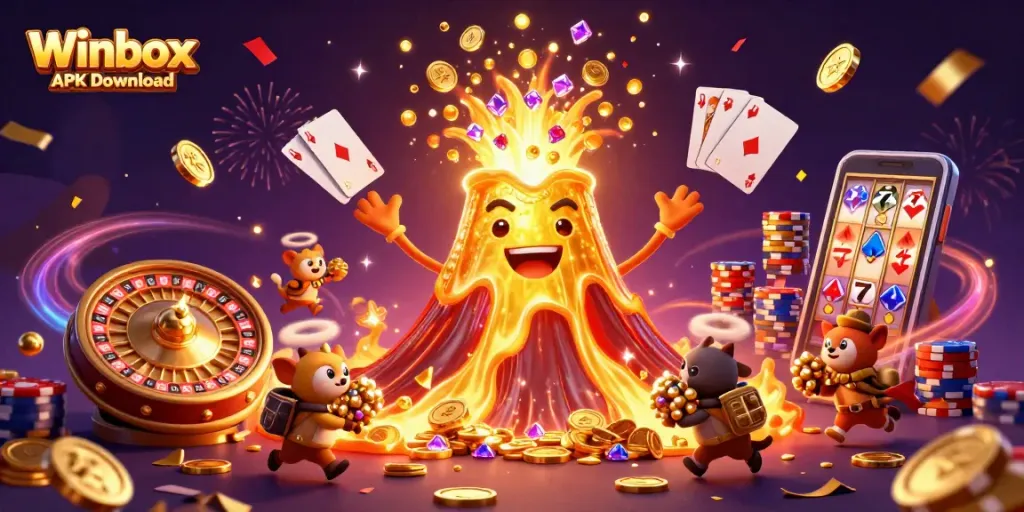 Winbox APK Download animation depicting a triumphant golden volcano with treasure and gaming elements