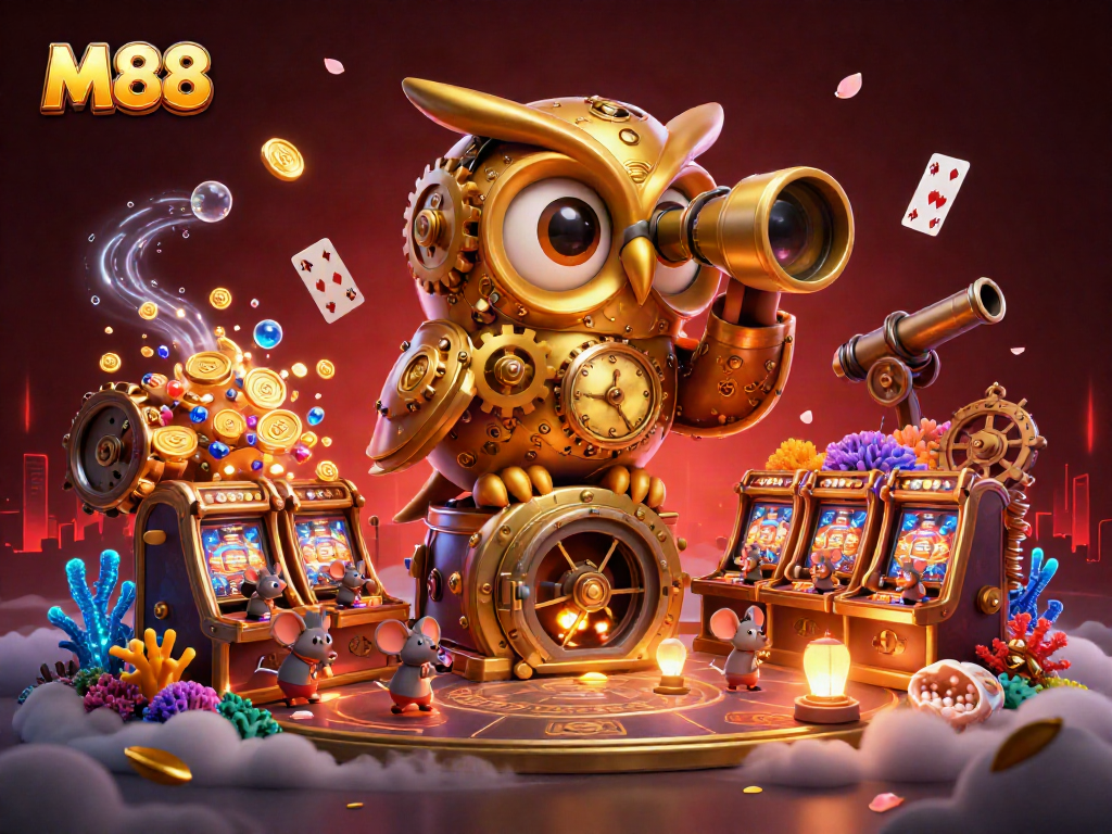 M88 offers thrilling slots excitement in neon-lit casino scene with immersive graphics.