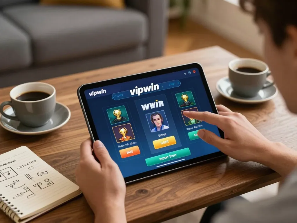 Player engaging in a thrilling vipwin online game on a tablet while sipping coffee in a cozy setting.