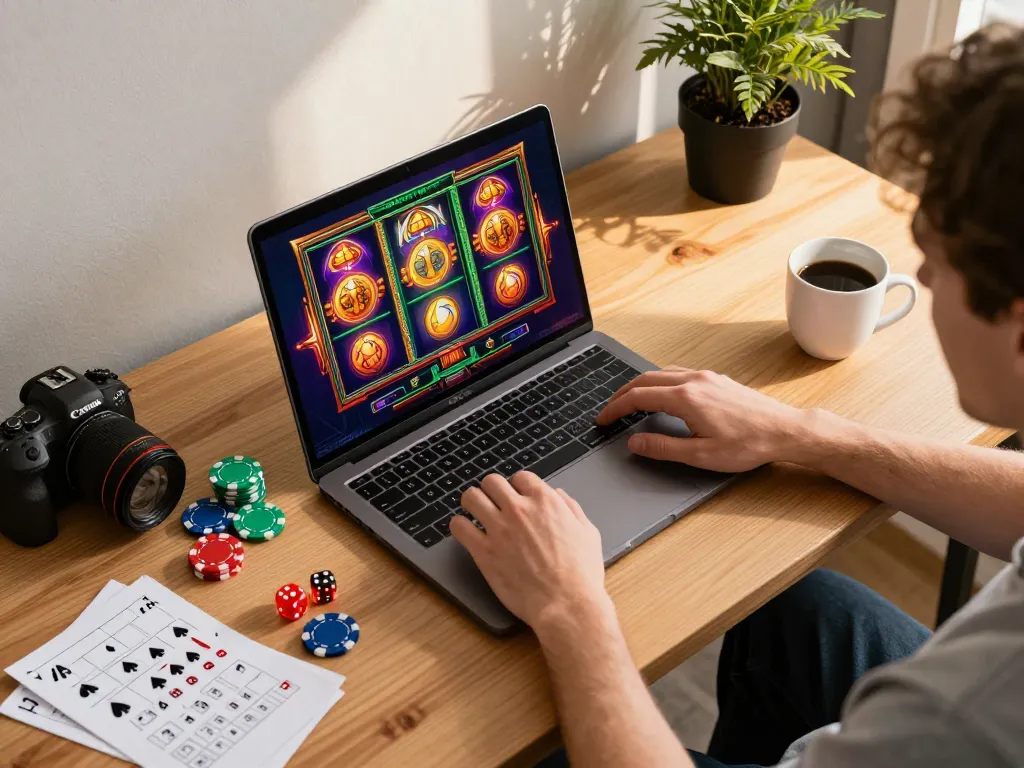 Engaging in online slot gaming through aman788 with vibrant graphics and cozy home setup