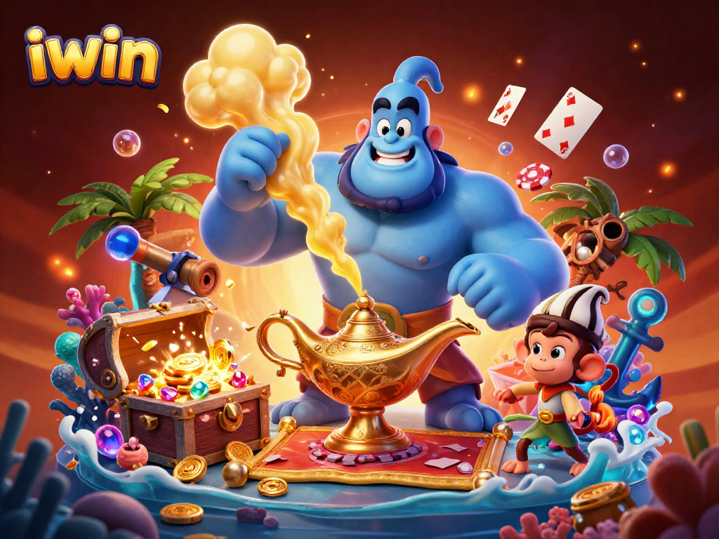 Experience iwin’s vibrant casino theme with a muscular genie and magical cards in this dynamic illustration.