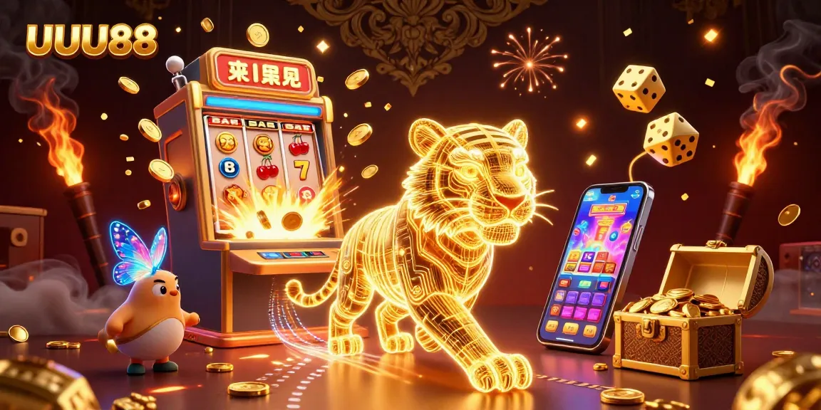 Experience the thrill of UUU88 with a neon tiger in a vibrant digital casino scene.