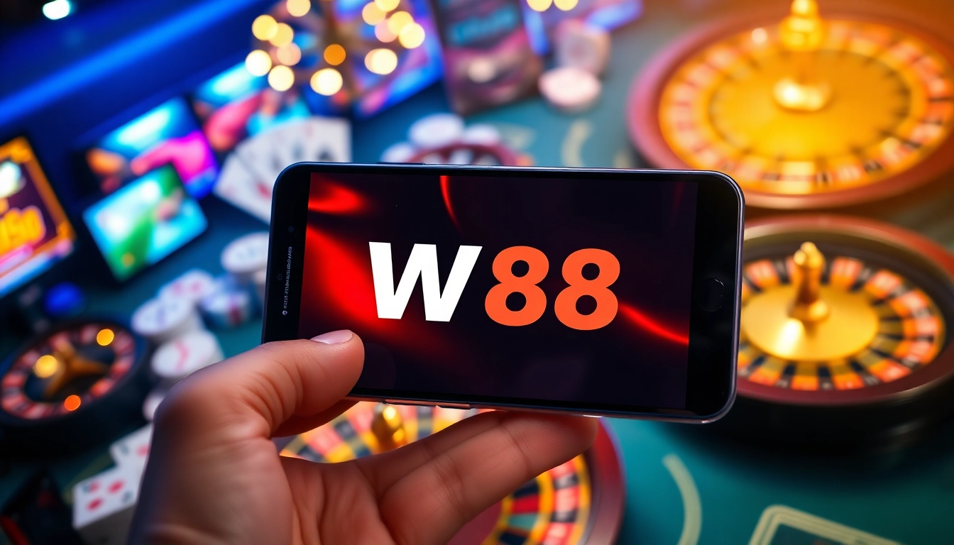 Engaging visual showcasing w88 มือถือ on luxurious casino-themed backdrop.