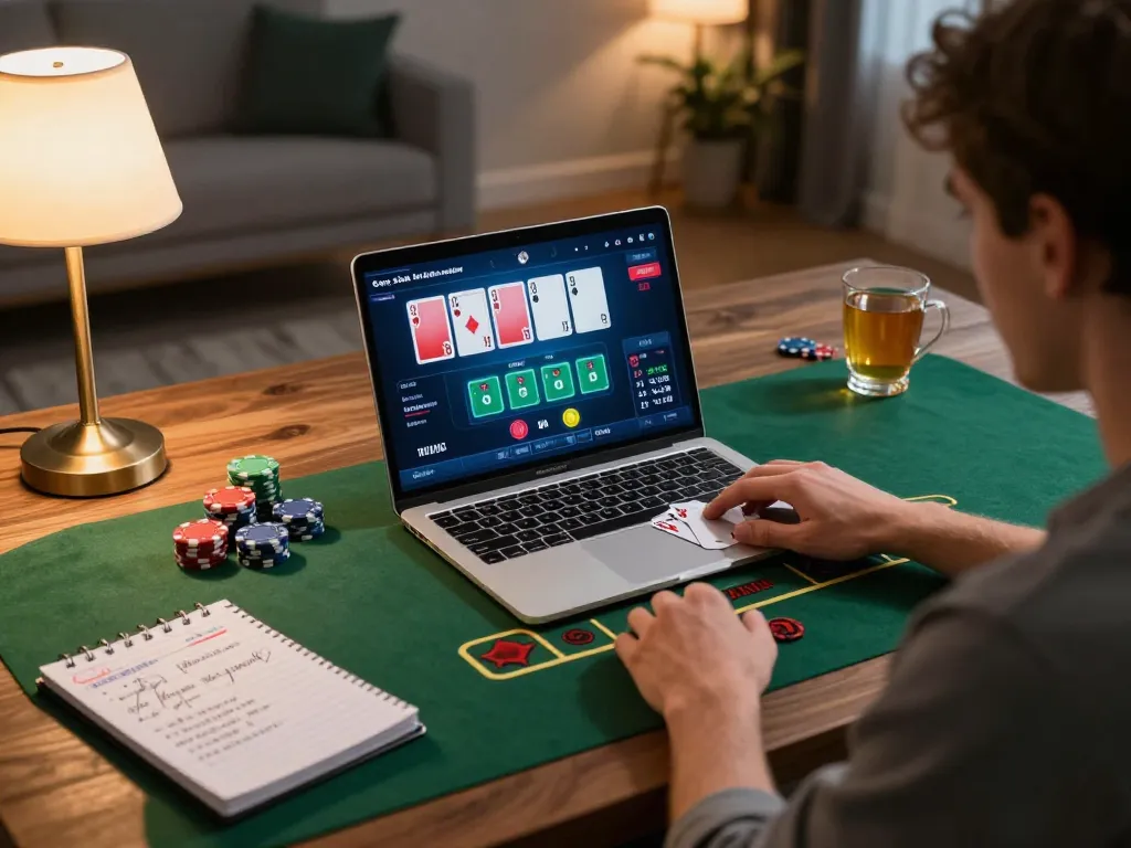 Player immersed in thrilling blackjack game online at home, highlighted by 789WIN gaming interface and strategic notes.