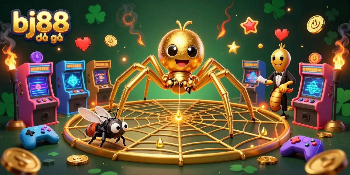 Engage in thrilling bj88 đá gà action with a golden spider and animated game elements in a cockfighting arena.
