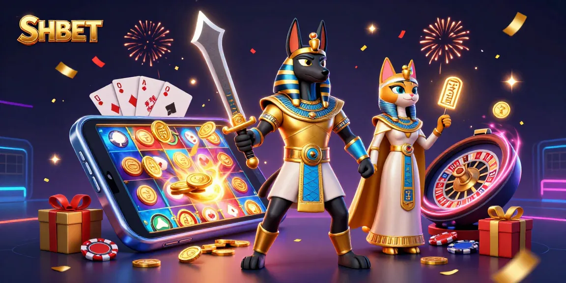 Experience SHBET's thrilling games with Anubis and Bastet amidst vibrant casino elements.