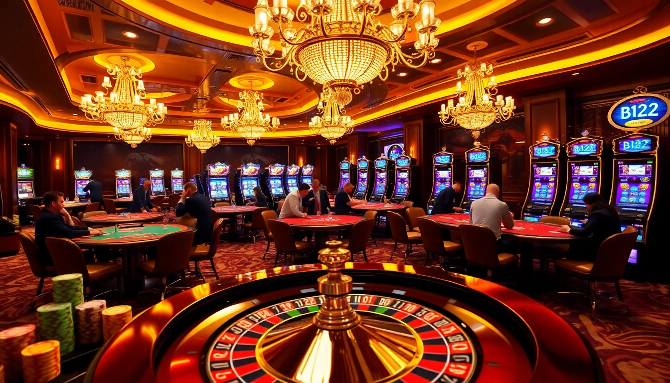 B52 gaming table surrounded by excited players at a luxurious casino.