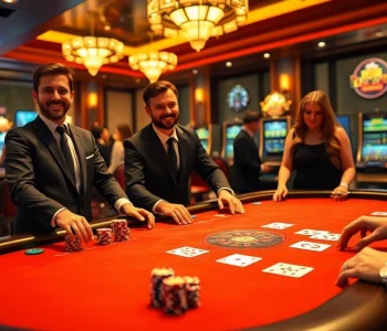 Engaged players enjoying high-stakes action at FB68 casino, with vibrant cards and chips on a polished table.