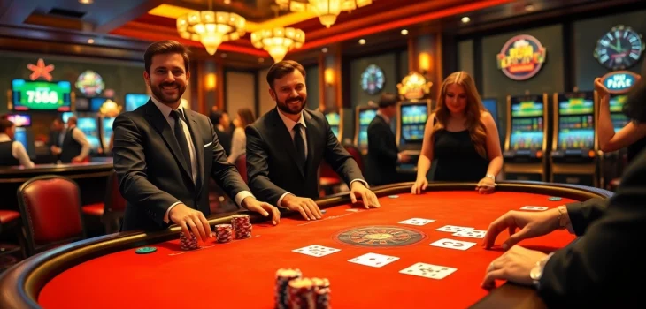 Engaged players enjoying high-stakes action at FB68 casino, with vibrant cards and chips on a polished table.