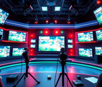 Dynamic scene of sports broadcasting showcasing high-tech equipment and monitors.