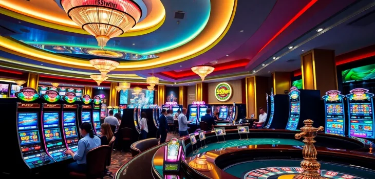 Players enjoying their time at 555win, engaging in slots and table games in a lavish casino atmosphere.