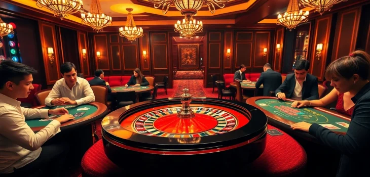 Hitclub casino scene featuring a glamorous roulette wheel and poker tables crowded with excited players.