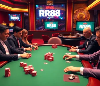 Experience the excitement at Nhà Cái RR88 with players enjoying poker in a luxurious casino environment.