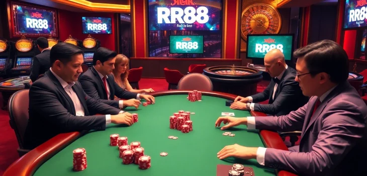 Experience the excitement at Nhà Cái RR88 with players enjoying poker in a luxurious casino environment.
