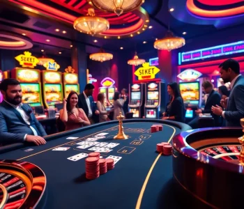 People enjoying a thrilling game at an F8bet casino table surrounded by vibrant slot machines.