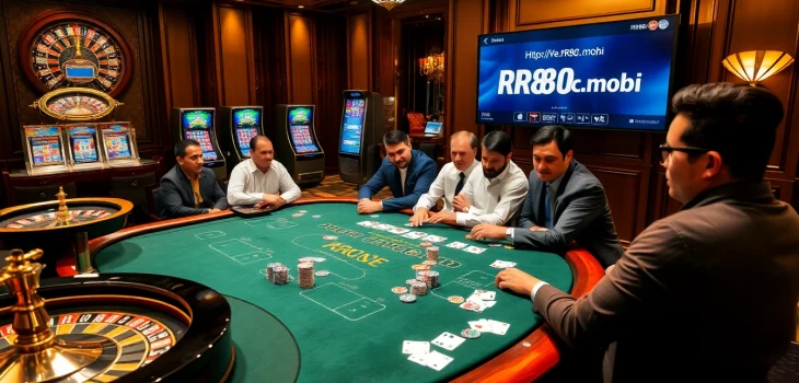 Exciting casino scene with vibrant poker action and website https://rr88c.mobi/ displayed prominently.