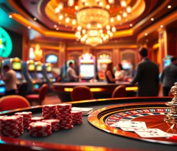 MMOO gamblers experience excitement at a vibrant casino scene with poker chips and a roulette wheel.