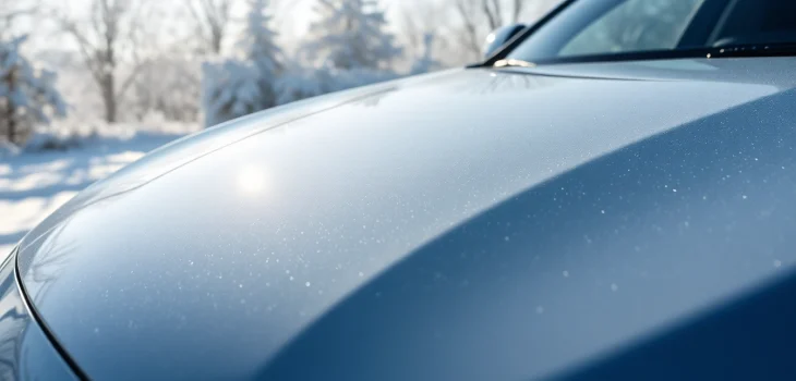Highlighting PPF winter road salt protection on a vehicle amidst a snowy landscape.