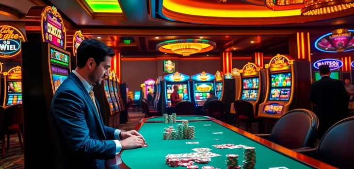 Experience winning excitement with situs gacor in a vibrant casino setting showcasing slot machines.