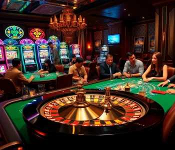Players engaging passionately in a poker game at ww88 casino, surrounded by vibrant slot machines and a spinning roulette wheel.