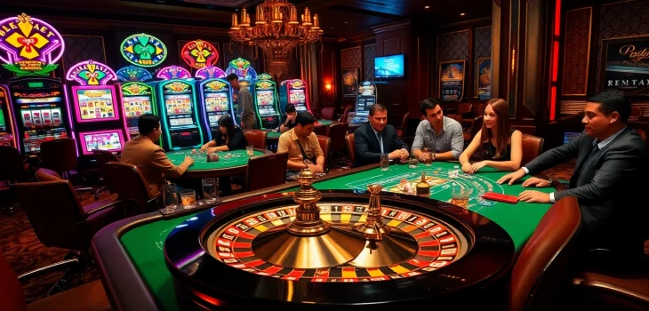 Players engaging passionately in a poker game at ww88 casino, surrounded by vibrant slot machines and a spinning roulette wheel.