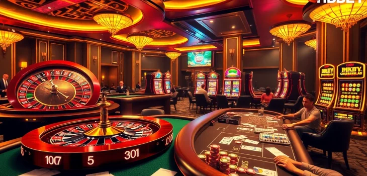 Experience the excitement of NHÀ CÁI HBBET with vibrant casino games and engaging players at the tables.