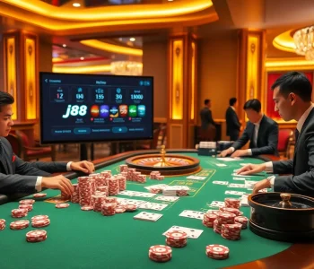 Exciting casino scene showcasing j88 betting with card dealers, poker chips, and a roulette wheel.