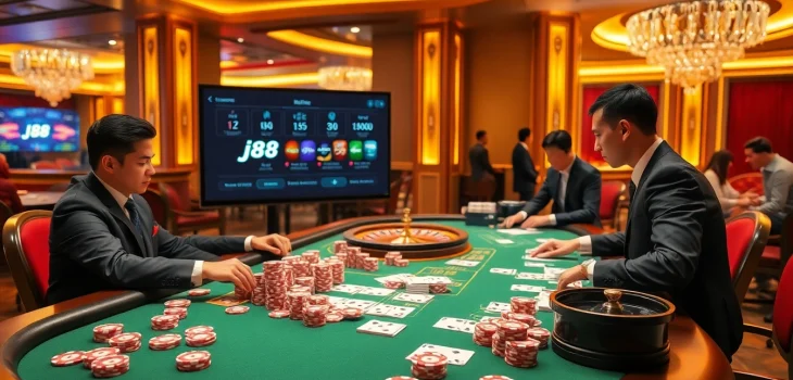 Exciting casino scene showcasing j88 betting with card dealers, poker chips, and a roulette wheel.