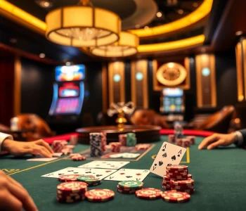 Players at a high-stakes MB66 poker table showcasing winning strategies with vibrant chips and cards.