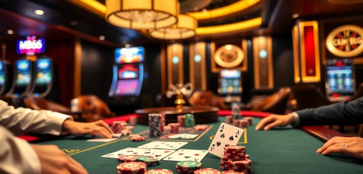 Players at a high-stakes MB66 poker table showcasing winning strategies with vibrant chips and cards.