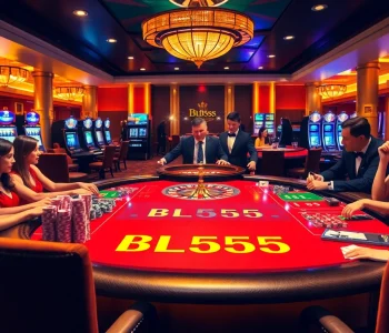 Players enjoying a lively game at the BL555 casino table, surrounded by vibrant gaming action.