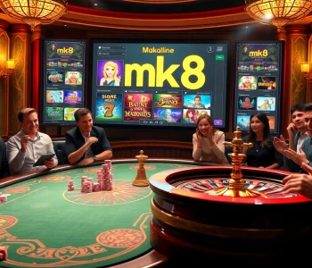 Captivating scene of สมัคร เว็บตรง mk8 featuring excited players at a luxurious casino gaming table.