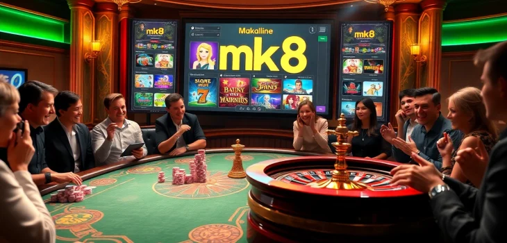 Captivating scene of สมัคร เว็บตรง mk8 featuring excited players at a luxurious casino gaming table.